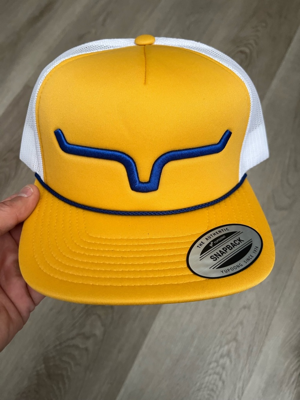 NWT Kimes Ranch yellow brim white mesh trucker snap back hat
